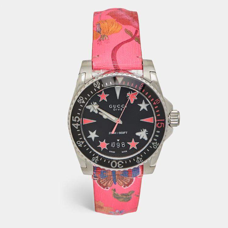 Pre Owned Gucci Black Stainless Steel Floral Print Calfskin Leather Dive YA136326 Women's Wristwatch 40 mm