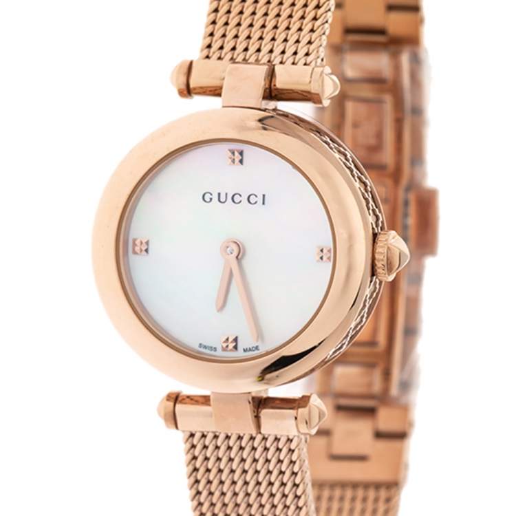 Pre Owned Gucci Mother Of Pearl Rose Gold Tone Stainless Steel Diamantissima YA141562 Women's Wristwatch 27 mm