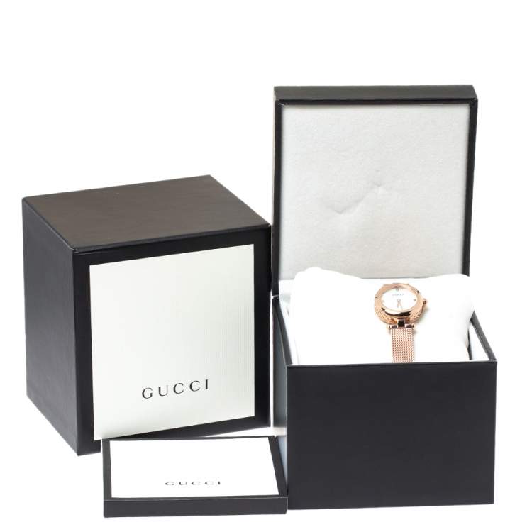 Pre Owned Gucci Mother Of Pearl Rose Gold Tone Stainless Steel Diamantissima YA141562 Women's Wristwatch 27 mm