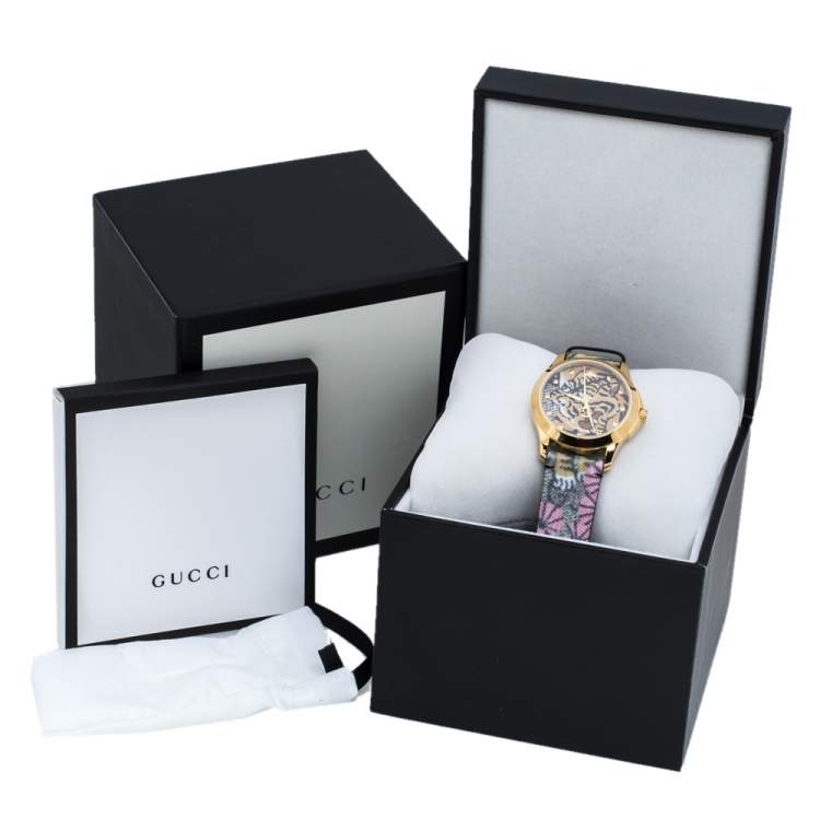 Pre Owned Gucci Tiger Print Gold Tone Stainless Steel Le Marche Des Merveilles YA1264008 Women's Wristwatch 38 mm