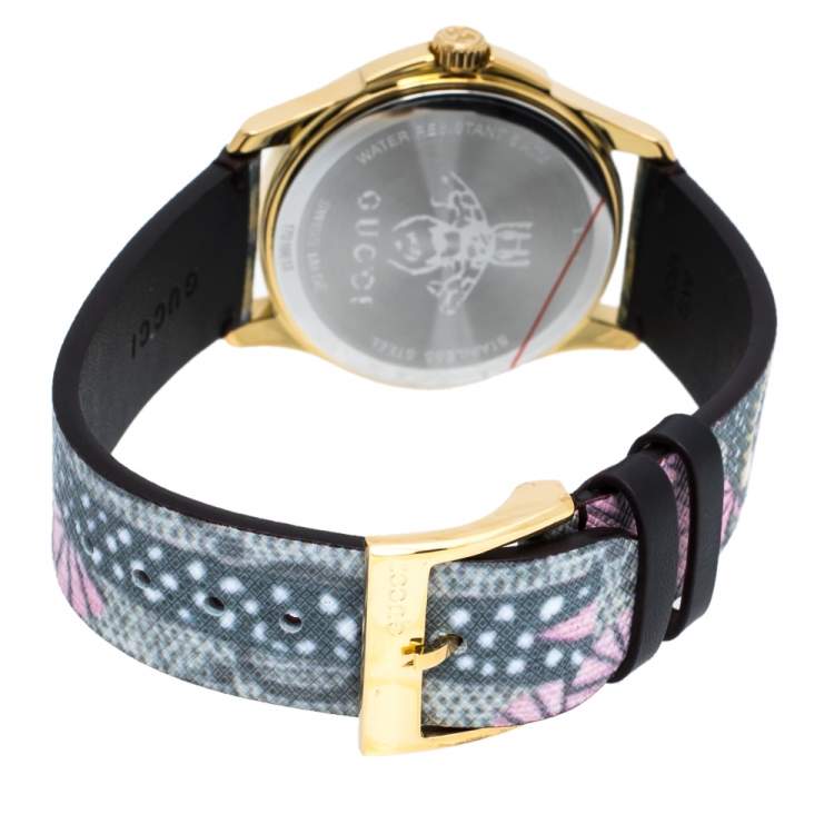 Pre Owned Gucci Tiger Print Gold Tone Stainless Steel Le Marche Des Merveilles YA1264008 Women's Wristwatch 38 mm