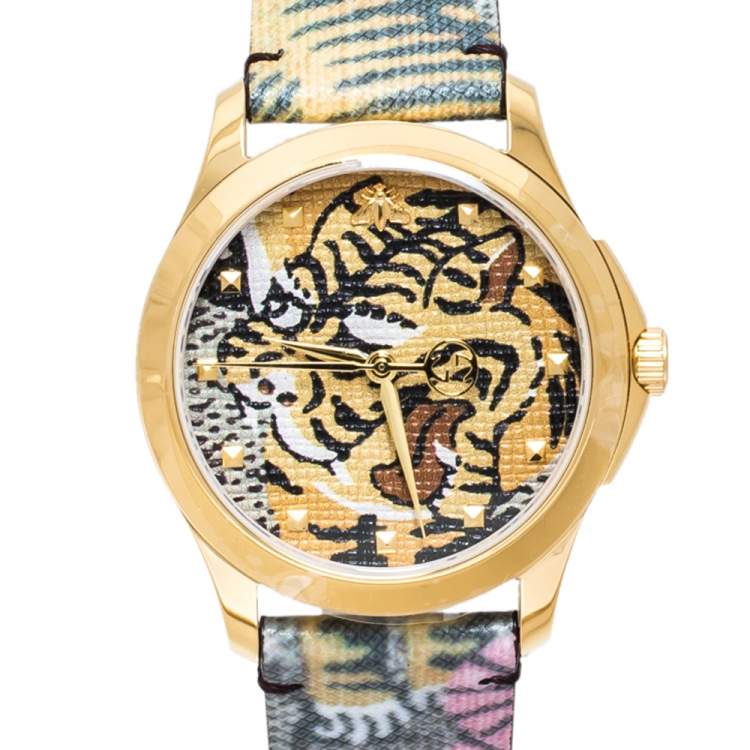 Pre Owned Gucci Tiger Print Gold Tone Stainless Steel Le Marche Des Merveilles YA1264008 Women's Wristwatch 38 mm