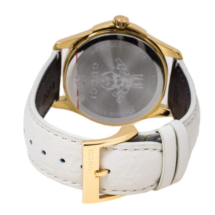 Pre Owned Gucci White Yellow Gold PVD Coated Stainless Steel Leather G-Timeless 126.4 Women's Wristwatch 38 mm