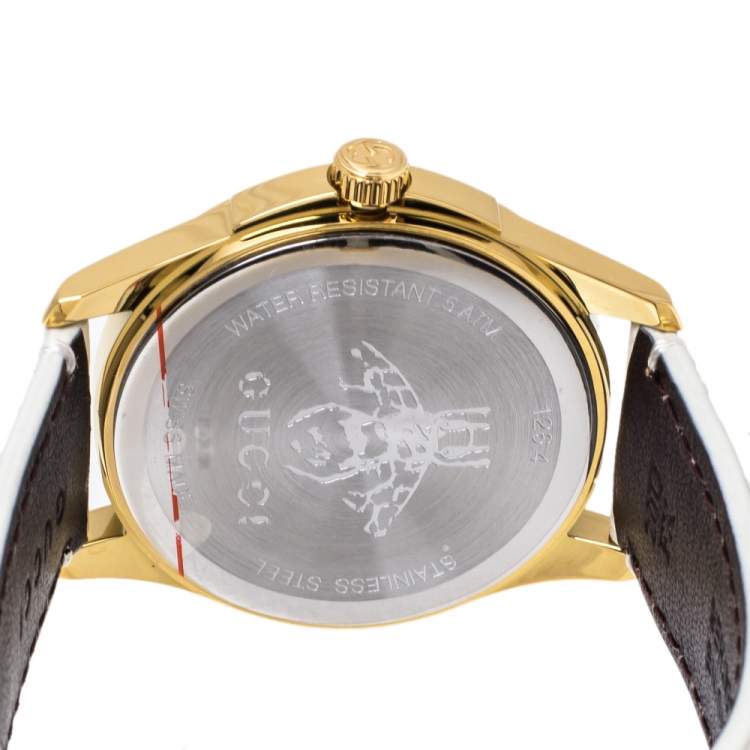 Pre Owned Gucci White Yellow Gold PVD Coated Stainless Steel Leather G-Timeless 126.4 Women's Wristwatch 38 mm