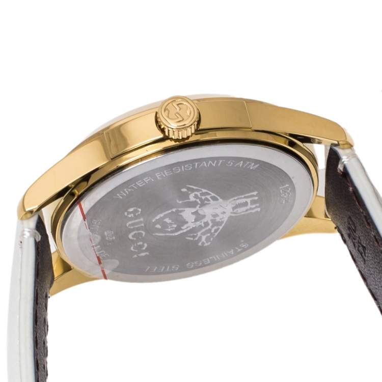 Pre Owned Gucci White Yellow Gold PVD Coated Stainless Steel Leather G-Timeless 126.4 Women's Wristwatch 38 mm