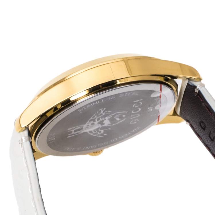 Pre Owned Gucci White Yellow Gold PVD Coated Stainless Steel Leather G-Timeless 126.4 Women's Wristwatch 38 mm