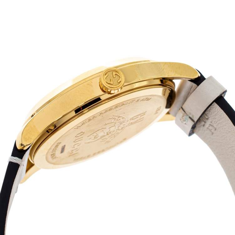 Pre Owned Gucci Cream Yellow Gold Tone Stainless Steel Leather G-Timeless YA1264096 Women's Wristwatch 38 mm