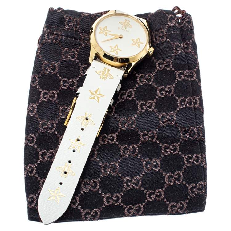 Pre Owned Gucci Cream Yellow Gold Tone Stainless Steel Leather G-Timeless YA1264096 Women's Wristwatch 38 mm