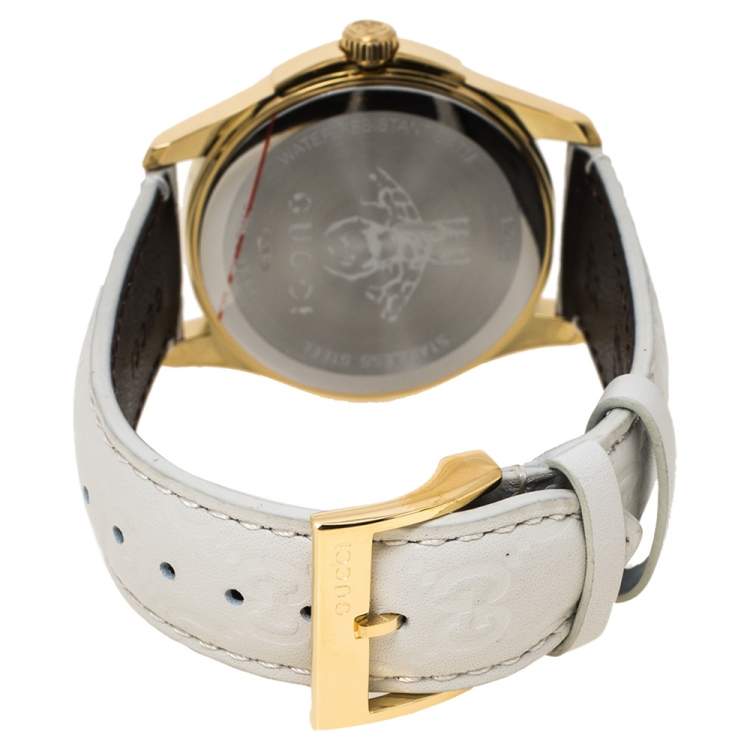 Pre Owned Gucci White Yellow Gold PVD Coated Stainless Steel Leather G-Timeless 126.4 Women's Wristwatch 38 mm