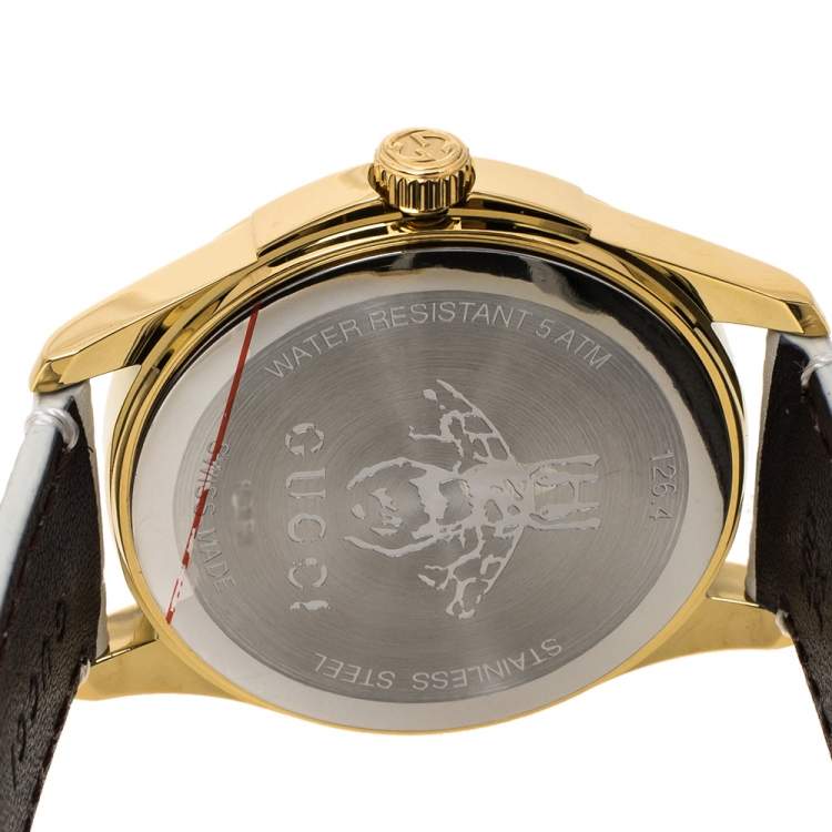 Pre Owned Gucci White Yellow Gold PVD Coated Stainless Steel Leather G-Timeless 126.4 Women's Wristwatch 38 mm