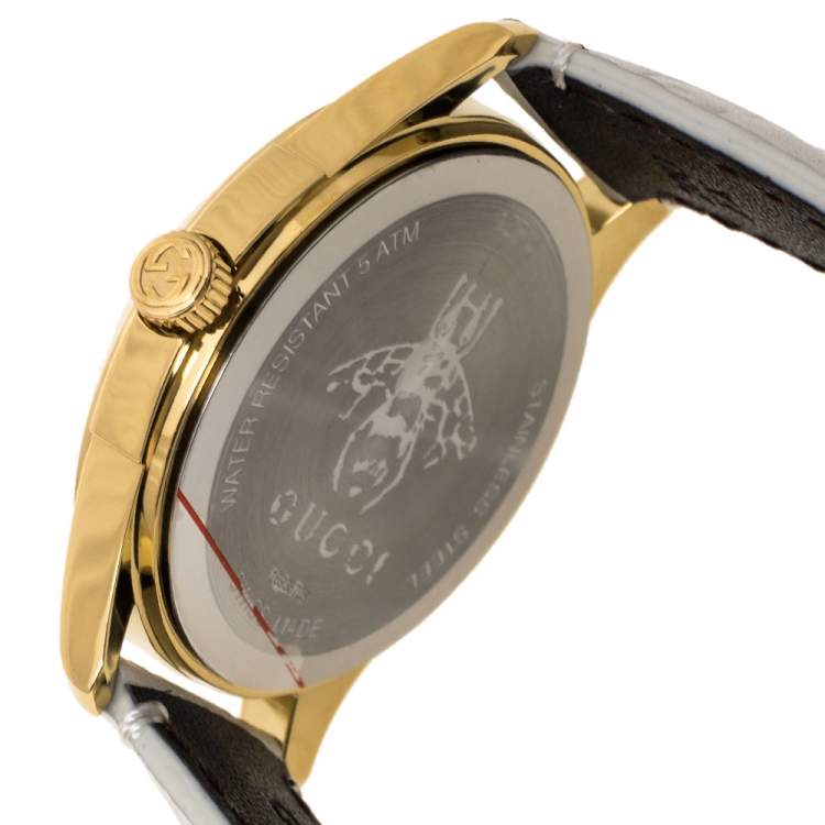 Pre Owned Gucci White Yellow Gold PVD Coated Stainless Steel Leather G-Timeless 126.4 Women's Wristwatch 38 mm