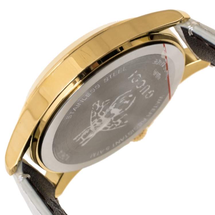 Pre Owned Gucci White Yellow Gold PVD Coated Stainless Steel Leather G-Timeless 126.4 Women's Wristwatch 38 mm