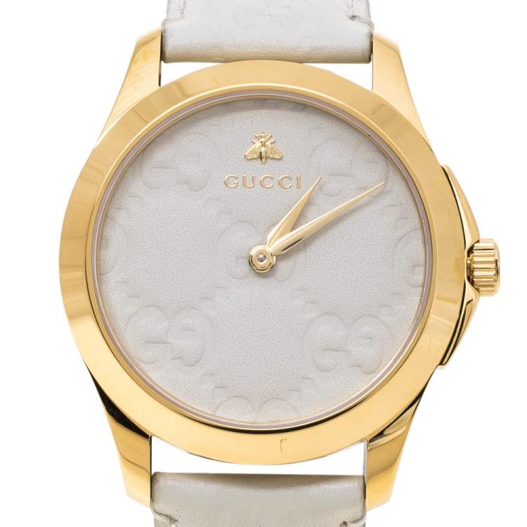 Pre Owned Gucci White Yellow Gold PVD Coated Stainless Steel Leather G-Timeless 126.4 Women's Wristwatch 38 mm
