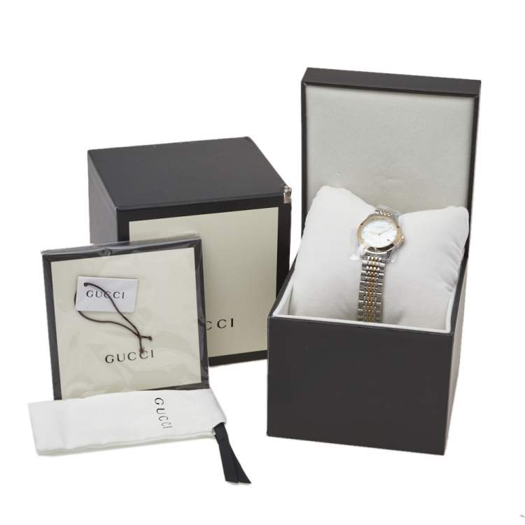 Pre Owned Gucci Mother Of Pearl Two-Tone Stainless Steel Diamond G-Timeless YA126513 Women's Wristwatch 27 mm