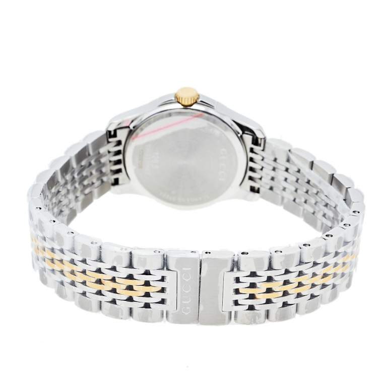 Pre Owned Gucci Mother Of Pearl Two-Tone Stainless Steel Diamond G-Timeless YA126513 Women's Wristwatch 27 mm