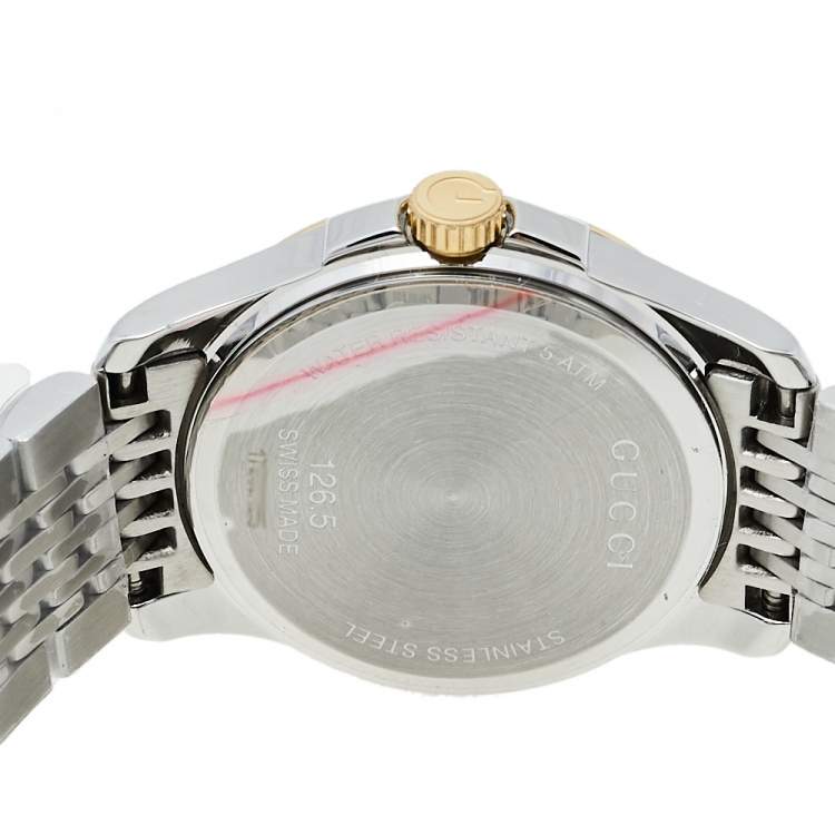 Pre Owned Gucci Mother Of Pearl Two-Tone Stainless Steel Diamond G-Timeless YA126513 Women's Wristwatch 27 mm