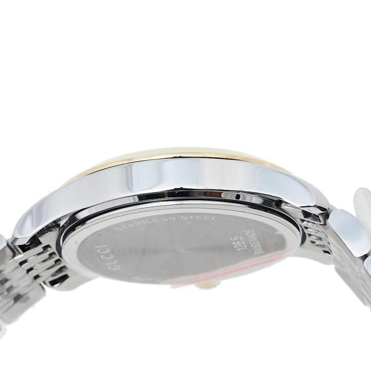 Pre Owned Gucci Mother Of Pearl Two-Tone Stainless Steel Diamond G-Timeless YA126513 Women's Wristwatch 27 mm