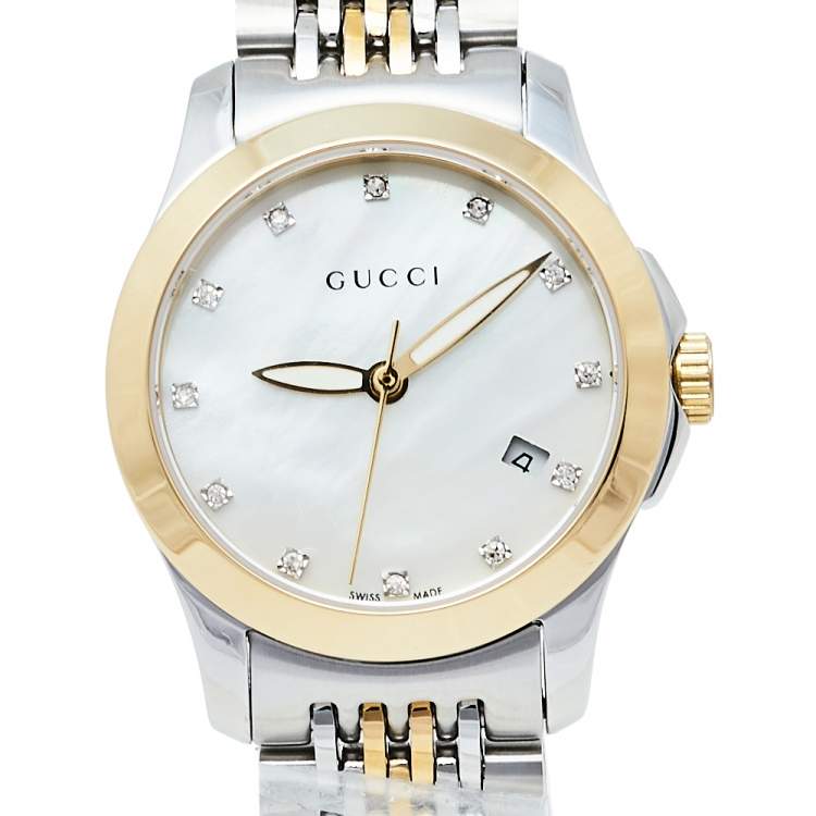 Pre Owned Gucci Mother Of Pearl Two-Tone Stainless Steel Diamond G-Timeless YA126513 Women's Wristwatch 27 mm
