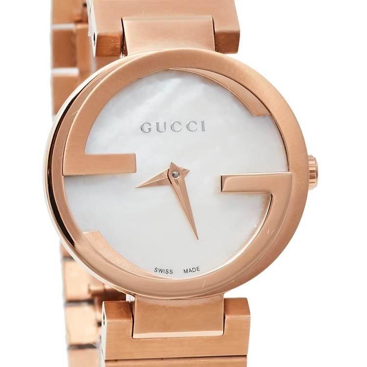Pre Owned Gucci Mother Of Pearl Rose Gold Tone Stainless Steel Interlocking YA133515 Women's Wristwatch 29 mm