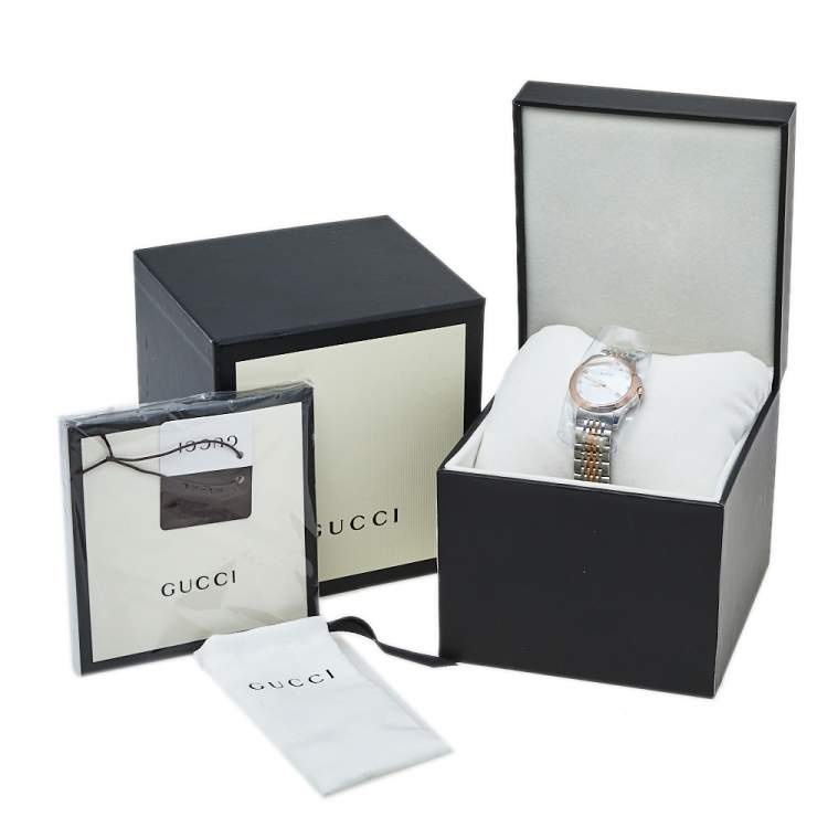 مملوكة مسبقًا Gucci Mother Of Pearl Two-Tone Stainless Steel Diamonds G-Timeless YA126514 Women's Wristwatch 27 mm