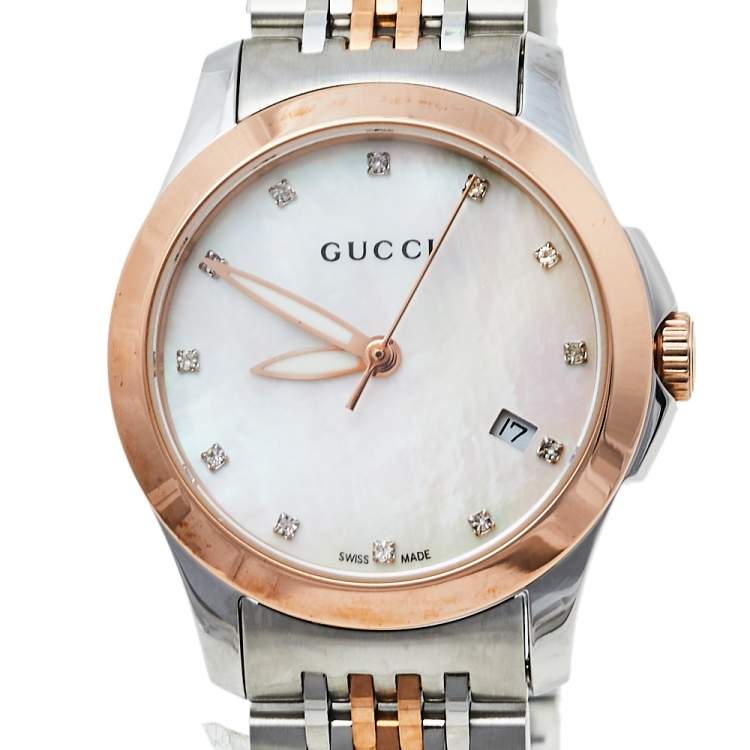 مملوكة مسبقًا Gucci Mother Of Pearl Two-Tone Stainless Steel Diamonds G-Timeless YA126514 Women's Wristwatch 27 mm