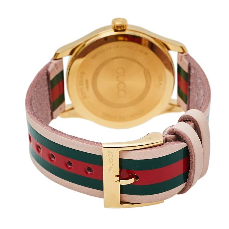 Pre Owned Gucci Pink Yellow Gold PVD Stainless Steel Leather G-Timeless YA1264118 Women's Wristwatch 38 mm