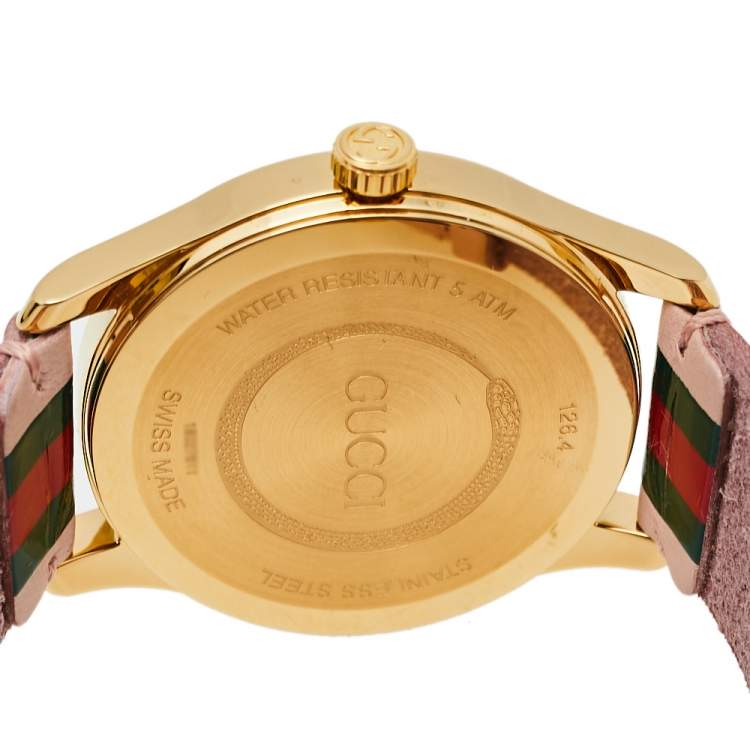 Pre Owned Gucci Pink Yellow Gold PVD Stainless Steel Leather G-Timeless YA1264118 Women's Wristwatch 38 mm