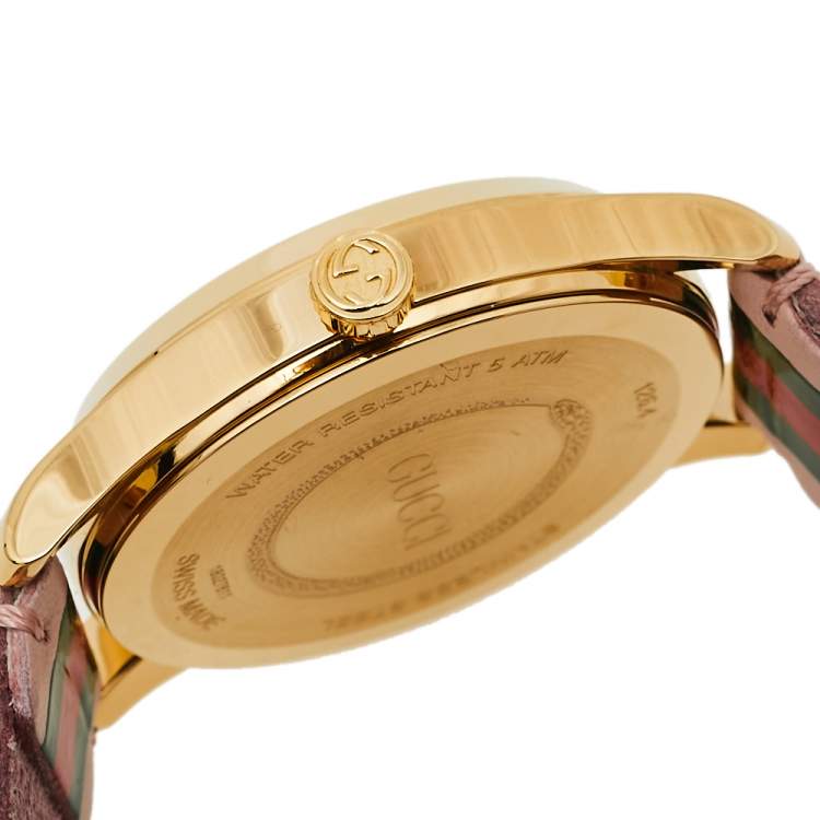 Pre Owned Gucci Pink Yellow Gold PVD Stainless Steel Leather G-Timeless YA1264118 Women's Wristwatch 38 mm