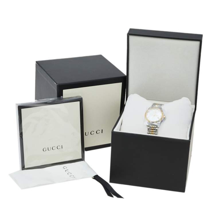 Pre Owned Gucci Mother Of Pearl Two-Tone Stainless Steel Diamond G-Timeless YA126513 Women's Wristwatch 27 mm