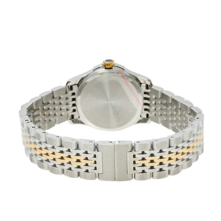Pre Owned Gucci Mother Of Pearl Two-Tone Stainless Steel Diamond G-Timeless YA126513 Women's Wristwatch 27 mm