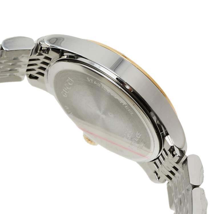 Pre Owned Gucci Mother Of Pearl Two-Tone Stainless Steel Diamond G-Timeless YA126513 Women's Wristwatch 27 mm