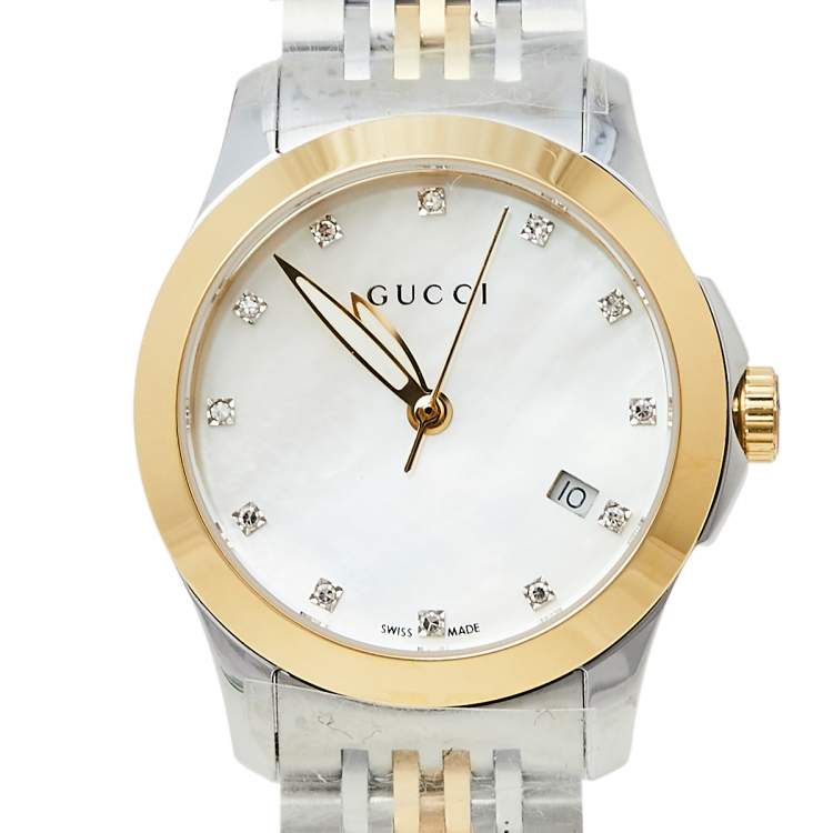 Pre Owned Gucci Mother Of Pearl Two-Tone Stainless Steel Diamond G-Timeless YA126513 Women's Wristwatch 27 mm