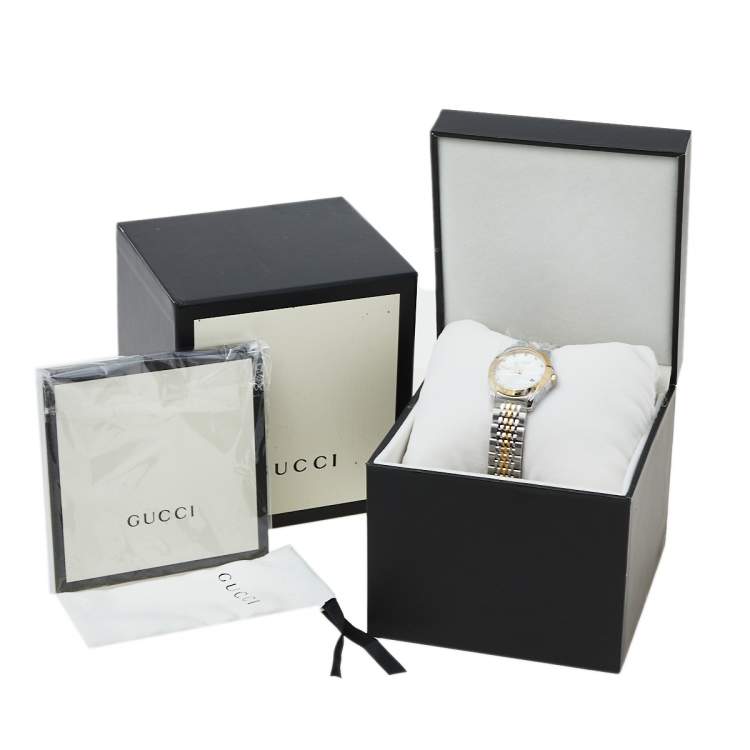 Pre Owned Gucci Mother Of Pearl Two-Tone Stainless Steel Diamond G-Timeless YA126513 Women's Wristwatch 27 mm