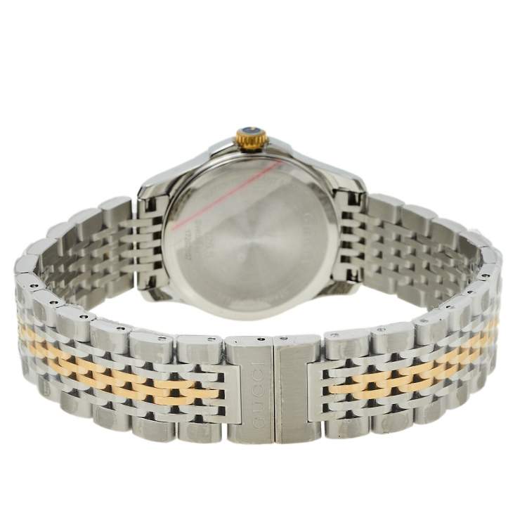 Pre Owned Gucci Mother Of Pearl Two-Tone Stainless Steel Diamond G-Timeless YA126513 Women's Wristwatch 27 mm