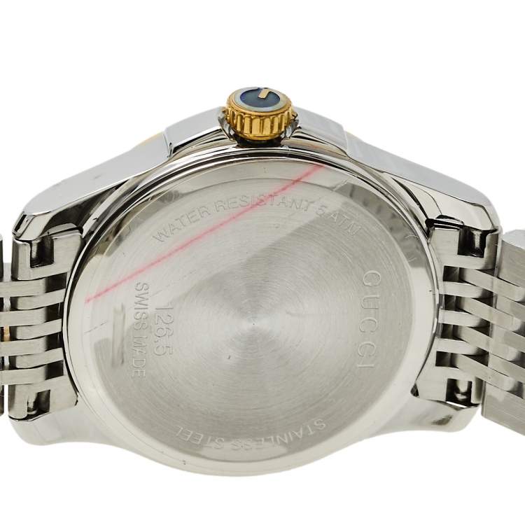Pre Owned Gucci Mother Of Pearl Two-Tone Stainless Steel Diamond G-Timeless YA126513 Women's Wristwatch 27 mm