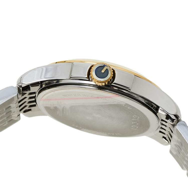 Pre Owned Gucci Mother Of Pearl Two-Tone Stainless Steel Diamond G-Timeless YA126513 Women's Wristwatch 27 mm