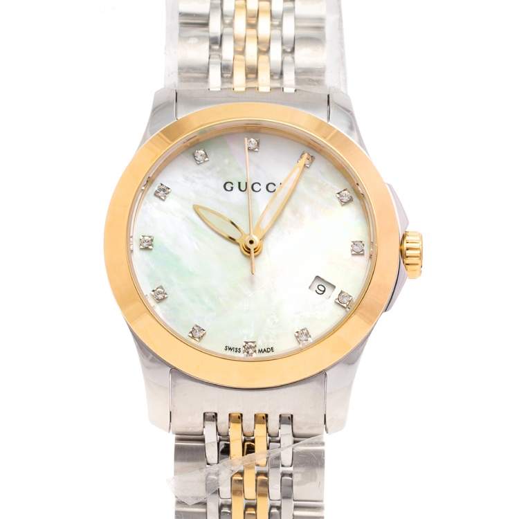 مملوكة مسبقًا Gucci Mother of Pearl Two-Tone Stainless Steel Diamonds G-Timeless YA126513 Women's Wristwatch 27 mm