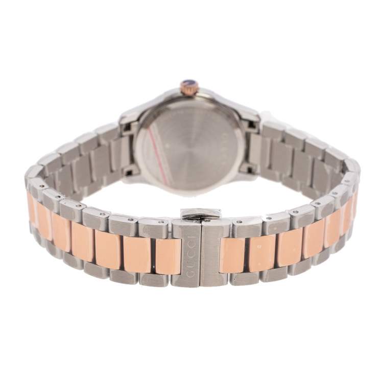 Pre Owned Gucci Mother of Pearl Two-Tone Stainless Steel Diamonds G-Timeless YA126544 Women's Wristwatch 27 mm