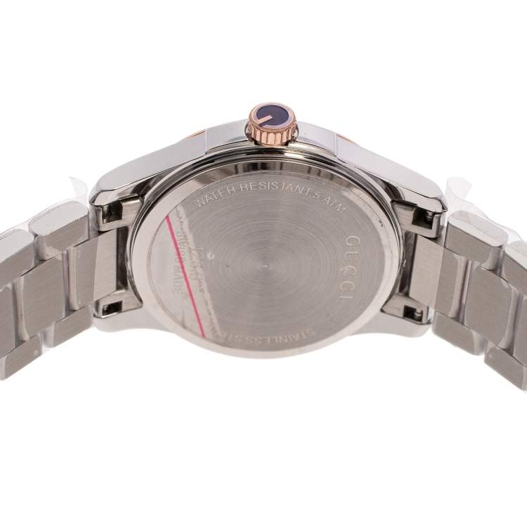 Pre Owned Gucci Mother of Pearl Two-Tone Stainless Steel Diamonds G-Timeless YA126544 Women's Wristwatch 27 mm