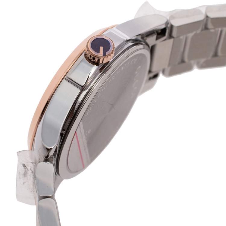 Pre Owned Gucci Mother of Pearl Two-Tone Stainless Steel Diamonds G-Timeless YA126544 Women's Wristwatch 27 mm