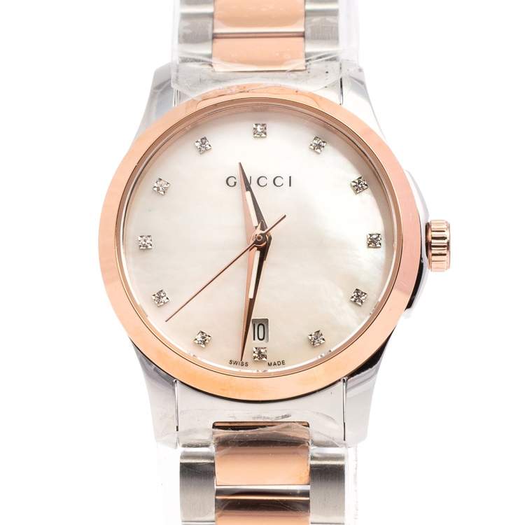 Pre Owned Gucci Mother of Pearl Two-Tone Stainless Steel Diamonds G-Timeless YA126544 Women's Wristwatch 27 mm