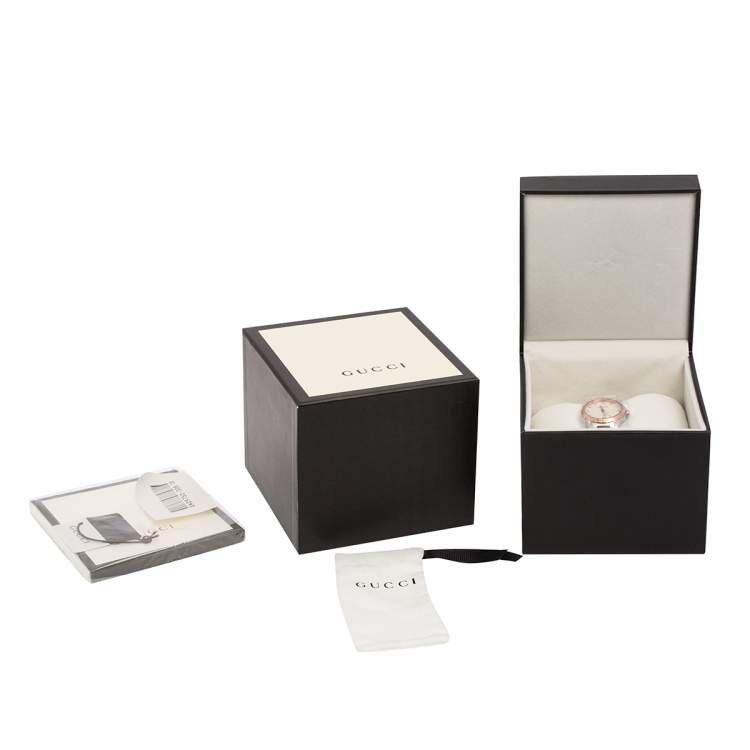 Pre Owned Gucci Mother of Pearl Two-Tone Stainless Steel Diamonds G-Timeless YA126544 Women's Wristwatch 27 mm