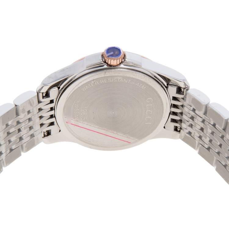 Pre Owned Gucci Mother of Pearl Two-Tone Stainless Steel G-Timeless YA126539 Women's Wristwatch 27 mm