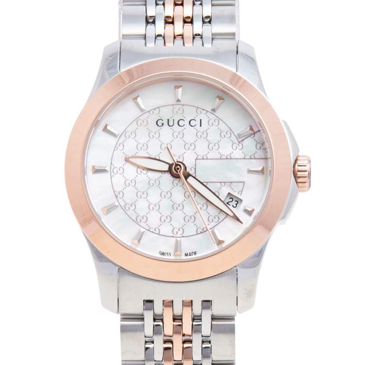 Pre Owned Gucci Mother of Pearl Two-Tone Stainless Steel G-Timeless YA126539 Women's Wristwatch 27 mm