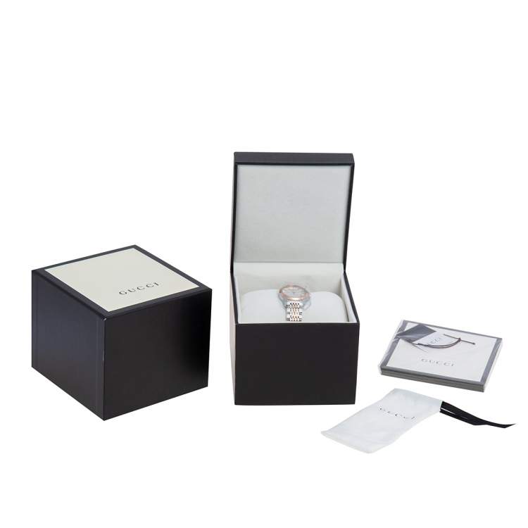 Pre Owned Gucci Mother of Pearl Two-Tone Stainless Steel G-Timeless YA126539 Women's Wristwatch 27 mm