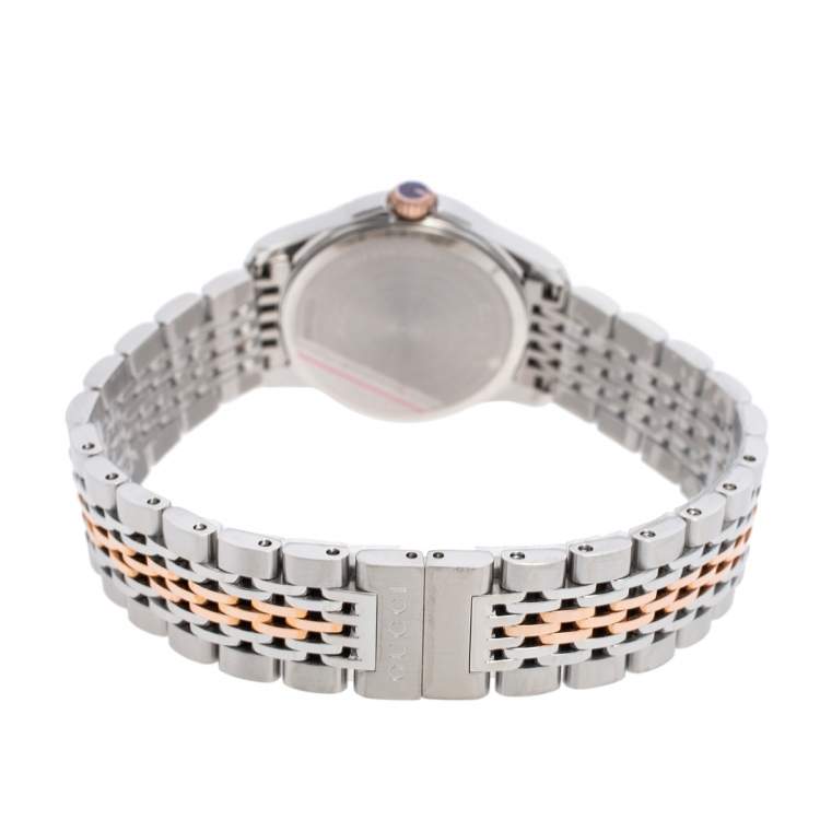 Pre Owned Gucci Mother Of Pearl Two-Tone Stainless Steel Diamonds G-Timeless YA126514 Women's Wristwatch 27 mm