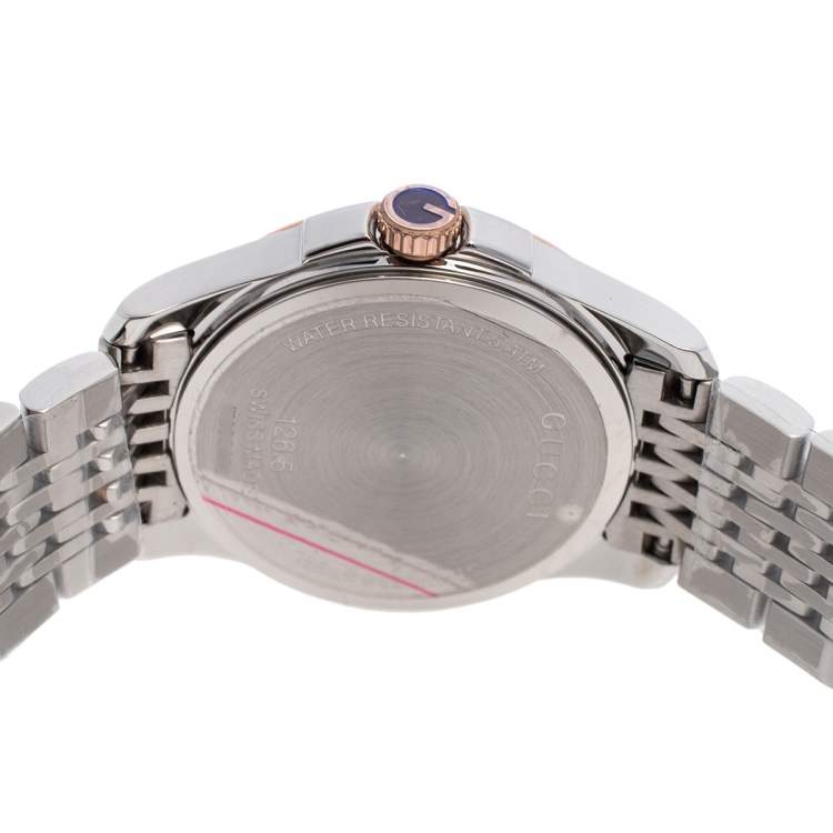 Pre Owned Gucci Mother Of Pearl Two-Tone Stainless Steel Diamonds G-Timeless YA126514 Women's Wristwatch 27 mm