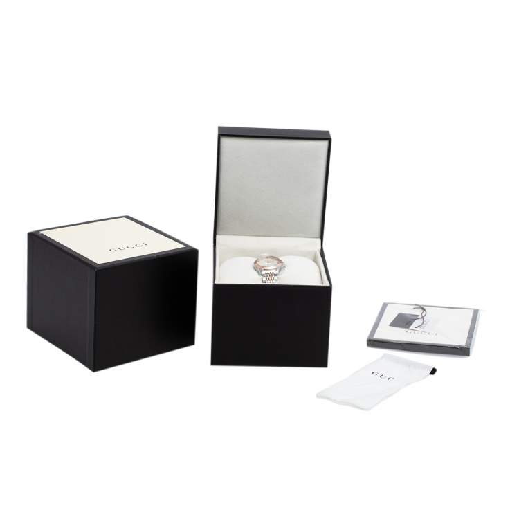 Pre Owned Gucci Mother Of Pearl Two-Tone Stainless Steel Diamonds G-Timeless YA126514 Women's Wristwatch 27 mm