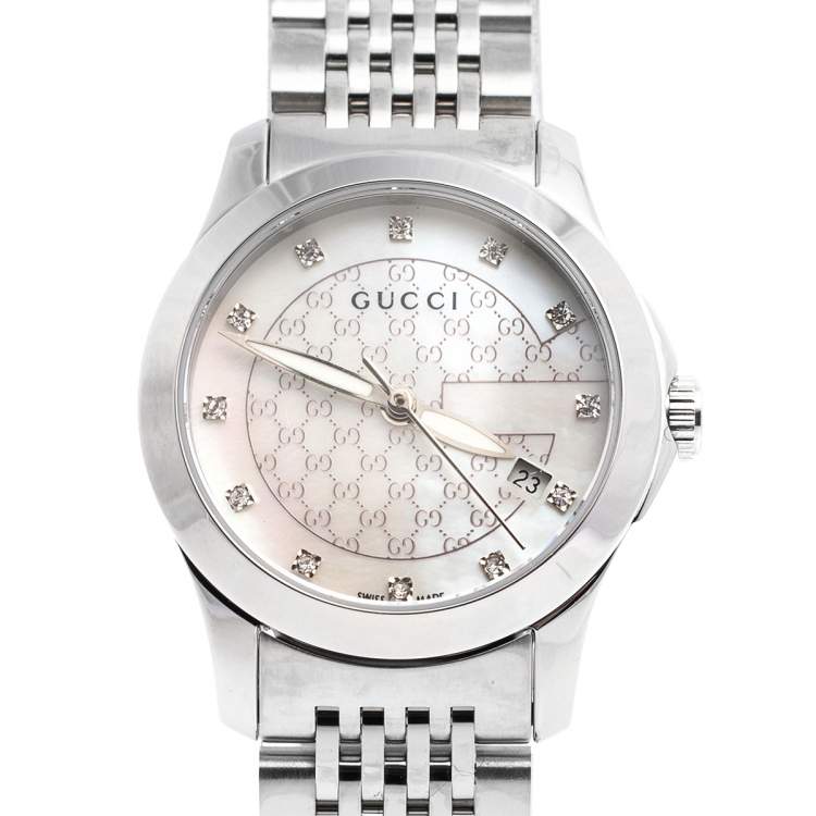 Pre Owned Gucci Mother of Pearl Stainless Steel Diamonds G-Timeless 126.5 Women's Wristwatch 27 mm