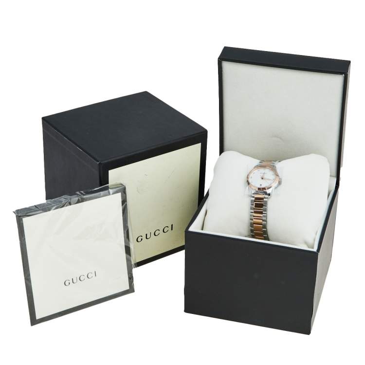 Pre Owned Gucci Mother of Pearl Two Tone Stainless Steel G-Timeless YA126544 Women's Wristwatch 27 mm